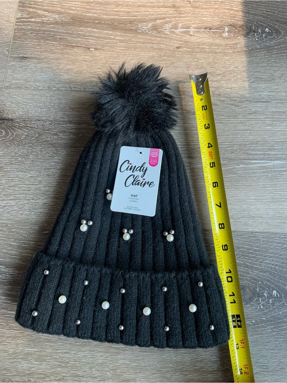 Cindy Claire Pearl Accent Pom Beanie Winter Black Hat